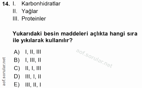 14. soru: I. Karbonhidratlar II. Yağlar ii. Proteinler Yukarıdaki besin maddeleri açlıkta hangi sıra ile yıkılarak kullanılır?…