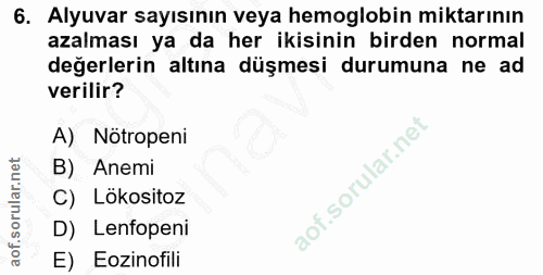 6. soru: Alyuvar sayısının veya hemoglobin miktarının azalması ya da her ikisinin birden normal değerlerin altına düşmesi duru…