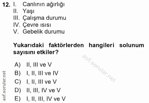 12. soru: l. Canlının ağırlığı Il. Yaşı Ill. Çalışma durumu IV. Çevre IsIsI V. Gebelik durumu Yukarıdakı faktörlerden hangileri…