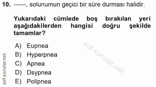 10. soru: --, solunumun geçici bir süre durması halidir. Yukarıdaki cümlede boş birakılan yeri aşağıdakilerden hangisi doğru şe…