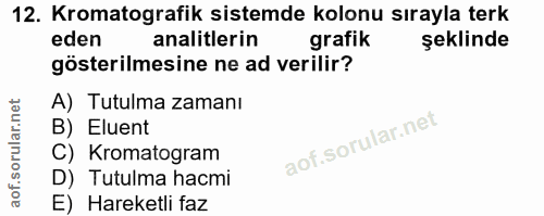 12. soru: Kromatografik sistemde kolonu sırayla terk eden analitlerin grafik şeklinde gösterilmesine ne ad verilir? A) Tutulma…