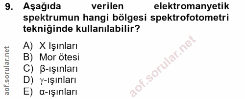 9. soru: Aşağıda verilen elektromanyetik spektrumun hangi bölgesi spektrofotometri tekniğinde kullanılabilir? A) X Işınları B)…