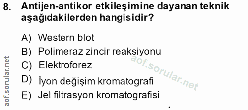 8. soru: Antijen-antikor etkileşimine dayanan teknik aşağıdakilerden hangisidir? A) Western blot B) Polimeraz zincir reaksiyon…