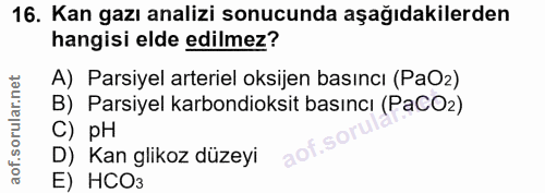 16. soru: Kan gazı analizi sonucunda aşağıdakilerden hangisi elde edilmez? A) Parsiyel arteriel oksijen basıncı (PaO2) B) Parsi…