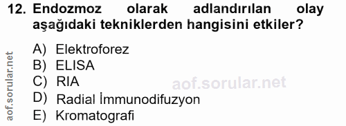 12. soru: Endozmoz olarak adlandırılan olay aşağıdaki tekniklerden hangisini etkiler? A) Elektroforez B) ELISA C) RIA D) Radial…