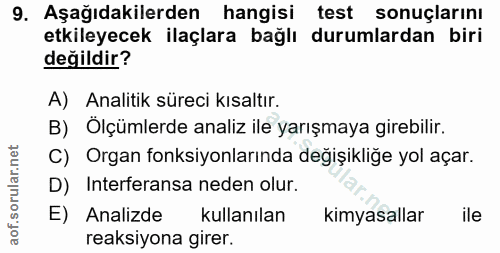 9. soru: Aşağıdakilerden hangisi test sonuçlarinı etkileyecek ilaçlara bağlı durumlardan biri değildir? A) Analitik süreci kıs…