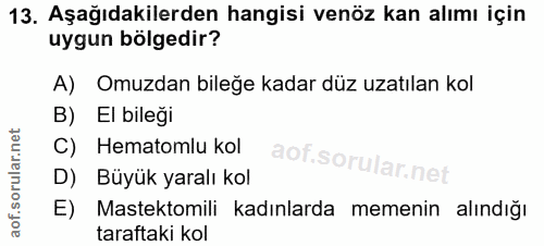 13. soru: Aşağıdakilerden hangisi venöz kan alımı için uygun bölgedir? A) Omuzdan bileğe kadar düz uzatılan kol B) El bilegi C)…