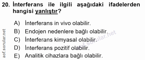 20. soru: Interferans ile ilgili aşağıdaki ifadelerden hangisi yanlıştır? A) Interferans in vivo olabilir. B) Endojen nedenlere…