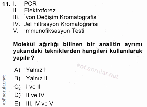 11. soru: I. PCR Il. ElektroforezR IlI. Iyon Değişim Kromatografisi IV. Jel Filtrasyon Kromatografisi V. Immunofiksasyon Testi…
