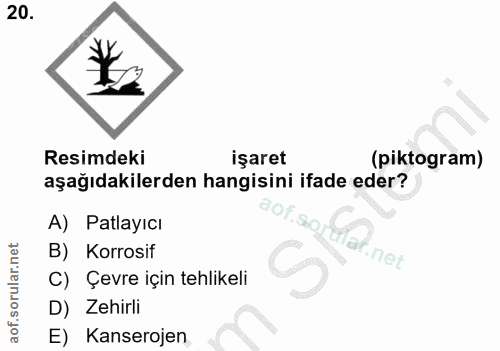20. soru: Resimdeki işaret (piktogram) aşağıdakilerden hangisini ifade eder? A) Patlayıcı aof.sordfat.net B) Korosif C) Çevre i…