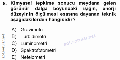 8. soru: Kimyasal tepkime sonucu meydana gelen görünür dalga boyundaki ışığın, enerji düzeyinin ölçülmesi esasına dayanan tekn…