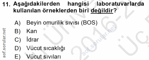 11. soru: Aşağıdakilerden hangisi laboratuvarlarda kullanılan örneklerden biri değildir? A) Beyin omurilik sıvısı (BOS) B) Kan…