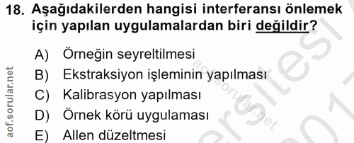 18. soru: Aşağıdakilerden hangisi interferansı önlemek için yapılan uygulamalardan biri değildir? A) Örneğin seyreltilmesi Ekst…