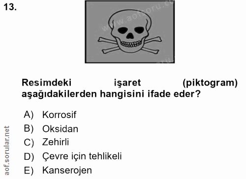 13. soru: Resimdeki işaret (piktogram) aşağıdakilerden hangisini ifade eder? A) Korrosif B) Oksidan C) Zehirli D) Çevre için te…