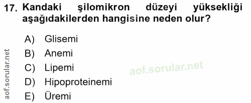 17. soru: Kandaki şilomikron düzeyi yüksekliği aşağıdakilerden hangisine neden olur? A) Glisemi B) Anemi C) Lipemi D) Hipoprote…