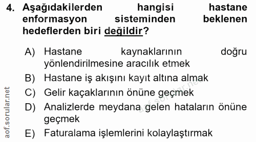 4. soru: Aşağıdakilerden hangisi hastane enformasyon sisteminden beklenen hedeflerden biri değildir? A) Hastane kaynaklarının…