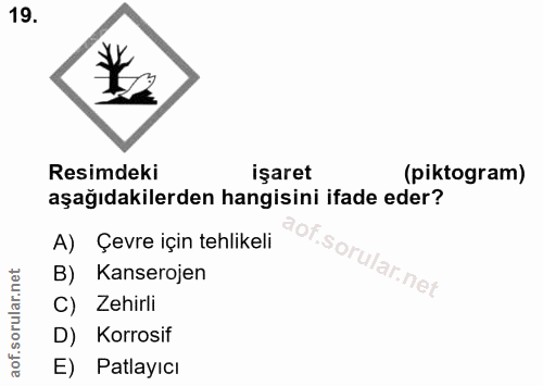 19. soru: Resimdeki işaret (piktogram) aşağıdakilerden hangisini ifade eder? A) Çevre için tehlikeli B) Kanserojen ar.net C) Ze…