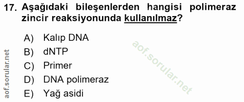 17. soru: Aşağıdaki bileşenlerden hangisi polimeraz zincir reaksiyonunda kullanılmaz? A) Kalıp DNA B) dNTP C) Primer D) DNA pol…