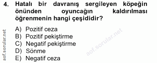 4. soru: Hatalı bir davranıs sergileyen köpeğin önünden oyuncağın kaldırılması öğrenmenin hangi çeşididir? A) Pozitif ceza B)…