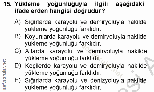 15. soru: Yükleme yoğunluğuyla ilgili aşağıdaki ifadelerden hangisi doğrudur? A) Sığırlarda karayolu ve demiryoluyla nakilde yü…