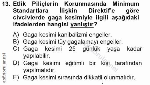 13. soru: Etlik Piliçlerin Korunmasında Minimum Standartlara İlişkin Direktif'e göre civcivlerde gaga kesimiyle ilgili aşağıdak…
