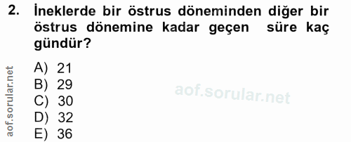 2. soru: İneklerde bir östrus döneminden diğer bir östrus dönemine kadar geçen süre kaç gündür? A) 21 B) 29 C) 30 D) 32 E) 36