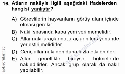 16. soru: Atların nakliyle ilgili aşağıdaki ifadelerden hangisi yanlıştır? A) Görevlilerin hayvanların görüş alanı içinde olmas…