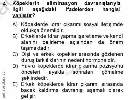 4. soru: Köpeklerin eliminasyon davranışlarıyla ilgili aşağıdaki ifadelerden hangisi yanlıştır? A) Köpeklerde idrar çıkarımı s…