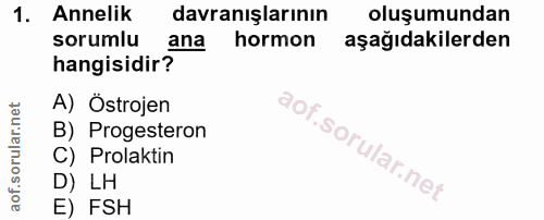1. soru: Annelik davranışlarının oluşumundan sorumlu ana hormon aşağıdakilerden hangisidir? A) Östrojen B) Progesteron C) Prol…