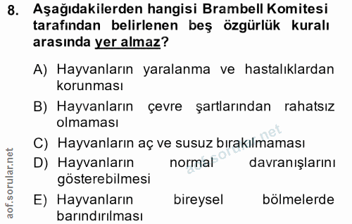 8. soru: Aşağıdakilerden hangisi Brambell Komitesi tarafindan belirlenen beş özgürlük kuralı arasında yer almaz? A) Hayvanları…