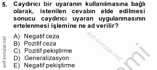 5. soru: Caydırıcı bir uyaranın kullanılmasına bağlı olarak, istenilen cevabın elde edilmesi sonucu caydırıcı uyaran uygulanma…