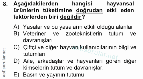 8. soru: Aşağıdakilerden hangisi hayvansal ürünlerin tüketimine doğrudan etki eden faktörlerden biri değildir? Al Yasalar ve b…