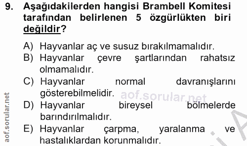 9. soru: Aşağıdakilerden hangisi Brambell Komitesi tarafından belirlenen 5 özgürlükten biri değildir? A) Hayvanlar aç ve susuz…