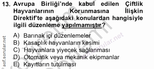 13. soru: Avrupa Birliği'nde kabul edilen Çiftlik Hayvanlarının Korunmasına İlişkin Direktif'te aşağıdaki konulardan hangisiyle…