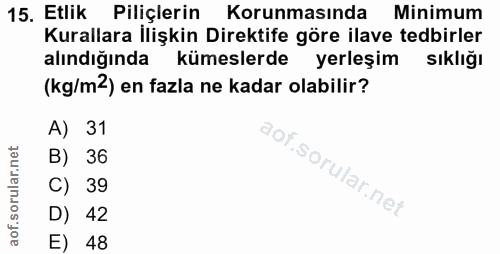 15. soru: Etlik Piliçlerin Korunmasında m Minimum Kurallara İlişkin Direktife göre ilave tedbirler alındığında kümeslerde yerle…
