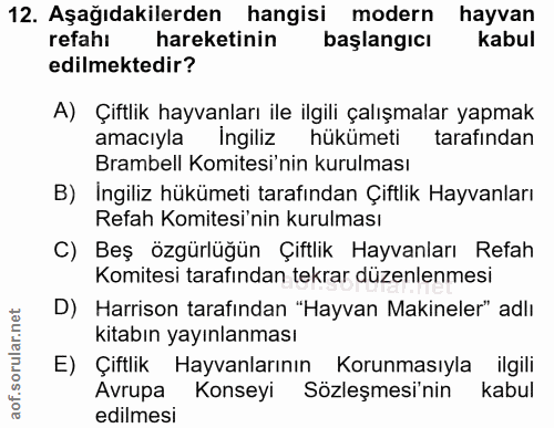 12. soru: Aşağıdakilerden hangisi modern hayvan refahi hareketinin başlangıcı kabul edilmektedir? A) Çiftlik hayvanları ile ilg…