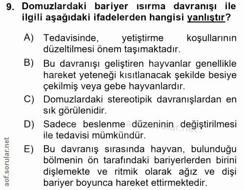 9. soru: Domuzlardaki bariyer ısırma davranışı ile ilgili aşağıdaki ifadelerden hangisi yanlıştır? A) Tedavisinde, yetiştirme…
