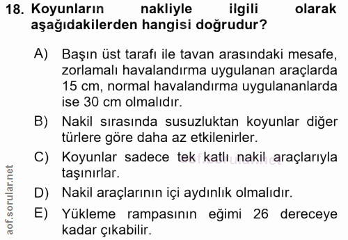 18. soru: Koyunların nakliyle ilgili olarak aşağıdakilerden hangisi doğrudur? A) Başın üst tarafı ile tavan arasındaki mesafe,…