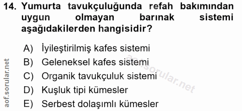 14. soru: Yumurta tavukçuluğunda refah bakımından uygun olmayan barınak sistemi aşağıdakilerden hangisidir? A) İyileştirilmiş k…