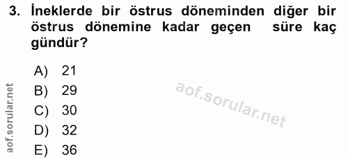 3. soru: Ineklerde bir östrus döneminden diğer bir östrus dönemine kadar geçen süre kaç gündür? A) 21 B) 29 C) 30 D) 32 E) 36