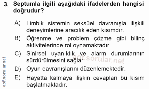 3. soru: Septumla ilgili aşağıdaki ifadelerden hangisi doğrudur? A) Limbik sistemin seksüel davranışla ilişkili deneyimlerine…