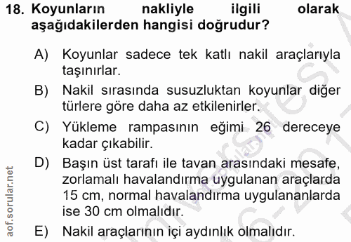 18. soru: Koyunların nakliyle ilgili olarak aşağıdakilerden hangisi doğrudur? A) Koyunlar sadece tek katlı nakil araçlarıyla ta…