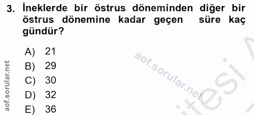 3. soru: Ineklerde bir östrus döneminden diğer bir östrus dönemine kadar geçen süre kaç gündür? A) 21 B) 29 aof.sorular.ne' C)…