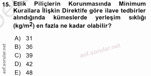15. soru: Etlik Piliçlerin Korunmasında Minimum Kurallara İlişkin Direktife göre ilave tedbirler alındığında kümeslerde yerleşi…