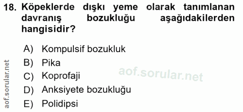 18. soru: Köpeklerde dışkı yeme olarak tanımlanan davranış bozukluğu aşağıdakilerden hangisidir? A) Kompulsif bozukluk B) Pika…