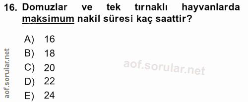16. soru: Domuzlar ve tek tırnaklı hayvanlarda maksimum nakil süresi kaç saattir? A) 16 B) 18 C) 20 D) 22 E) 24