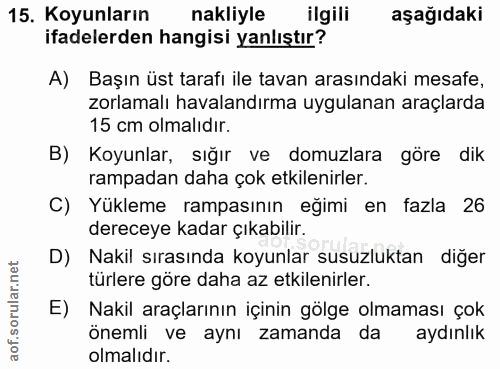 15. soru: Koyunların nakliyle ilgili aşağıdaki ifadelerden hangisi yanlıştır? A) Başın üst tarafı ile tavan arasındaki mesafe,…