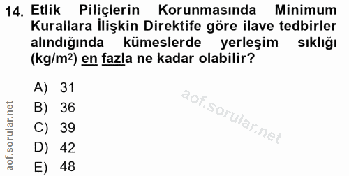 14. soru: Etlik Piliçlerin Korunmasında Minimum Kurallara İlişkin Direktife göre ilave tedbirler alındığında kümeslerde yerleşi…