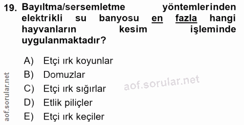 19. soru: Bayıltma/sersemletme yöntemlerinden elektrikli su banyosu en fazla hangi hayvanların kesim işleminde uygulanmaktadır?…