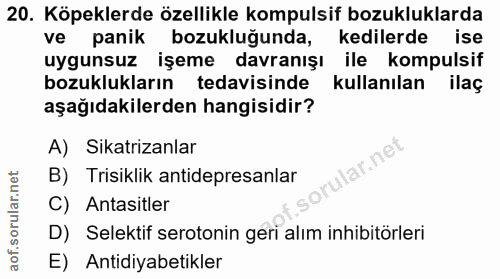 20. soru: Köpeklerde özellikle kompulsif bozukluklarda ve panik bozukluğunda, kedilerde ise uygunsuz işeme davranışı ile kompul…